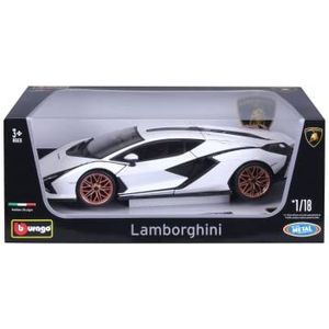 Bburago Lamborghini Sian FKP 37: Modelauto in schaal 1:18, deuren, kofferbak en motorkap beweegbaar, wit-zwart (18-11046W)