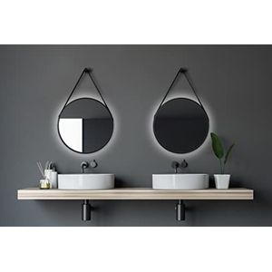 Talos Black Light met Ø 50 cm - ronde spiegel met achtergrondverlichting - spiegel met ophangband in lederlook - hoogwaardig aluminium frame in mat zwart