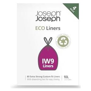Joseph Joseph Eco IW9 Gerecycleerde Vuilniszakken, Keuken/Badkamer Afvalzakken, met Trekkoord, Extra Sterk, 80 Stuks, 10L, Grijs