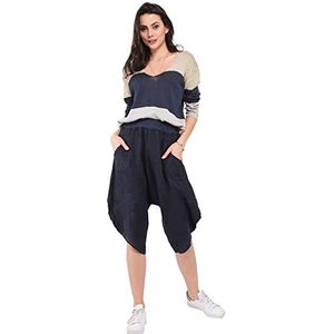 Bonateks Harembroek voor dames, 100% linnen, gemaakt in Italië, harembroek met zakken en elastiek in de taille, marineblauw, maat: XL