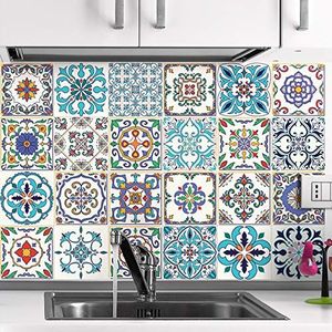 Ambiance Tegelstickers, zelfklevend, vierkante cementtegels, wanddecoratie, voor badkamer en keuken, 24 stuks