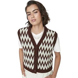 TRENDYOL Dames V-hals geruit regular gebreid vest sweater, bruin, S, bruin, S