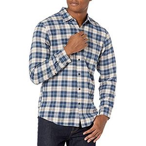 Amazon Essentials Men's Geruit flanellen overhemd met lange mouwen en slanke pasvorm (kleuren in beperkte oplage), Blauw Bruin Plaid, M
