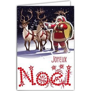 Afie Kerstkaart 61-6037 met envelop en collage in Relax Kerstman, kap, goudkleurig, glanzend, glinsterend, rendier onder de sneeuw, nacht, wekker, geschenken, kostuum, rood, muts, laarzen