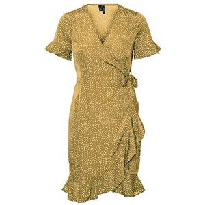 Vero Moda Dames VMHENNA 2/4 WRAP ruches jurk NOOS kort, oogst goud/AOP: kleine stippen, S
