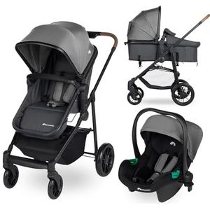 Bebeconfort Haze Trio, 3-in-1 reissysteem kinderwagen, 0-4 jaar, max. 22 kg, 2-in-1 zitgedeelte, omkeerbare en lichte kinderwagen, i-Size babyautostoeltje, opvouwbaar, opbergmand, Tinted Stone