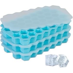 Relaxdays siliconen ijsblokjesvorm, set van 3, herbruikbaar, flexibele vorm, 37 zeshoekige ijsblokjes, met deksel, blauw
