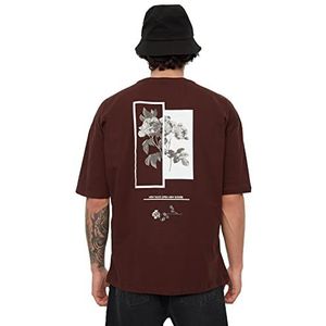 TRENDYOL Heren Jung Oversized Basic ronde hals gebreid T-shirt, bruin, L