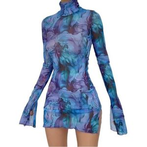 Vrouwen Bloemen Tie Dye Sheer Mesh Mini Jurk Sexy Mock Neck Split Bodycon Uitlopende Lange Mouw Strand Party Jurk, Paars, S