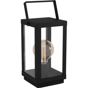 EGLO Tafellamp Bradford 1, 1-lichts nachtlampje, lantaarn nachtlamp van zwart metaal en helder glas, tafel lamp voor woonkamer met schakelaar, E27 fitting