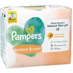 Pampers Harmonie Protect & Care vochtige doekjes voor kinderen 4 verpakkingen 44 doekjes = 176 babydoekjes, helpen de natuurlijke ph van de huid te behouden, en een vleugje goudsbloem