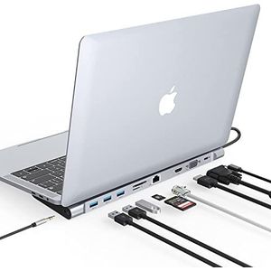 10 poorten USB C Dock, USB C Multiport Hub Triple Display Laptop Hub Stand, USB C-adapter voor MacBook & Windows (4K HDMI, VGA, PD 100W, Ethernet, SD/TF Card Slot, 3,5 mm audio, 3 USB-poorten)
