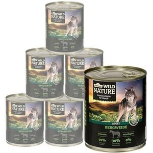 Dehner Wild Nature Hondenvoer, bergweide, natvoer, graanvrij/suikervrij, voor volwassen honden, paard, 6 x 800 g blik (4,8 kg)