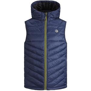 JACK & JONES Heren Jjehero Bodywarmer Hooded Quilted Jacket, Navy Blazer/Detail: Safety Yellow Contrast Zip, S