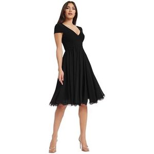 Dress the Population Women's Corey Plunging Mix Media Cap Sleeve A-line Midi Dress Dress, Black, XL