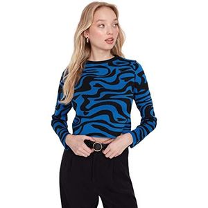 Trendyol Dames ronde hals dierlijke print getailleerde trui sweatshirt, blauw, M, Blauw, M