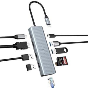 OOTDAY 10-in-1 USB C-hub, USB 3.0 multiport adapter USB C, PD 100W, SD/TF lezer, 4K HDMI, USB C Multiport voor MacBook Pro/Air, HP, Lenovo, Dell, Gigabit Ethernet