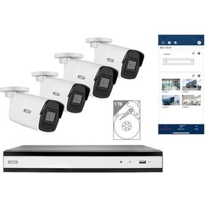 ABUS TVVR36444T Bewakingscameraset, inclusief 4 x 4 megapixel PoE-minitube-camera, 4-kanaals recorder met 1 TB harde schijf, voor personenherkenning, voertuigherkenning, opname binnen en buiten