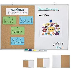 Relaxdays combibord, 2 in 1, prikbord & whiteboard, magneetbord, aluminium lijst, met bakje, 60 x 90 cm, wit/natuur