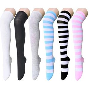 Gestreepte dijhoge sokken - Kerstmis over de knie hoge kousen voor tienermeisjes, 3 paar effen 3 paar gestreept, Medium