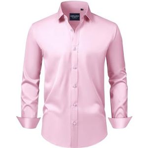 Alimens & Gentle Overhemden met korte mouwen voor heren, kreukvrij, effen, casual overhemd met knoopsluiting en zak, roze, L