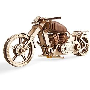 UGEARS Motorfiets modelbouwset - hout DIY technisch model-project - Bike VM-02 met rubberen bandmotor - voor voertuigliefhebbers en bikers - multiplex model met breed achterwiel - elegant cadeau-idee