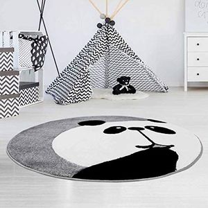 Carpet City Kindertapijt platte stapel Bueno panda beer in grijs met contoursnit, glanzend garen voor de kinderkamer Maat: 120x120 cm rond, 120 cm x 120 cm