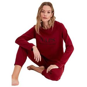 Trendyol Dames met slogan Midden Geweven T-shirt-Broek Pyjama Set, Bourgondy, S