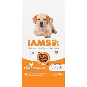 IAMS Junior Hondenvoer droog met kip - puppyvoer voor puppy's van 1-12 maanden, geschikt voor grote rassen, 12 kg