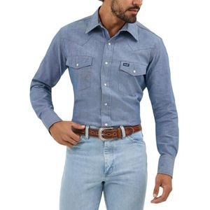 Wrangler Cowboy Cut Western Lange Mouwen Snap Work Shirt Washed Finish Shirt, Ondoorzichtig Heren, Medium Blue Chambray., XXL