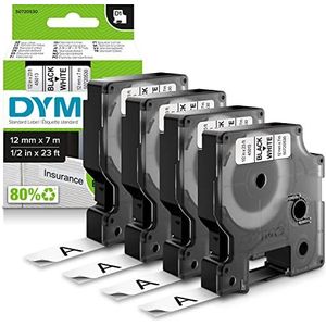 DYMO originele D1 labels | Zwarte opdruk op witte tape | Rol van 12 mm x 7 m | Zelfklevende labels voor LabelManager-labelmakers | 4 stuks
