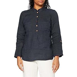 Bonateks, Tunesische kraagblouse met knoopjes, met voorzakken, 100% linnen, De-maat: 42, Amerikaanse maat: XL, bovenstukken, marine - Made in Italy, blauw, 42