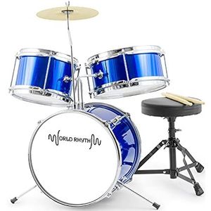 World Rhythm Kids Drum Kit - Blauw 3-delige Junior Drumset, Kinderdrumset met Troon en Drumsticks