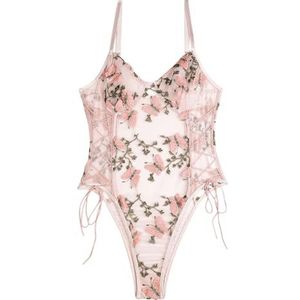 Lilosy Vrouwen Sexy Lace Up Bloemen Geborduurde Teddy Lingerie Bodysuit Top Mesh Sheer Een Stuk, Vlinder Roze, S