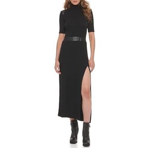 DKNY Dames jurk met korte mouwen Mock Neck Maxi met PU Details Jurk, zwart, L