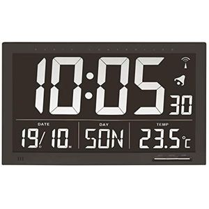 TFA Dostmann Digitale XL wandklok, 60.4505, zendergestuurde tijd, weergave van de binnentemperatuur, alarm met snooze functie, weekdagweergave in 8 talen, tijdzone, zwart, (L) 368x(B) 29x(H) 230 mm