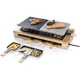 Bestron XL Raclette Grill, elektrische Party-Raclette-Grill set voor maximaal 8 personen, met natuurlijke grillsteen & antiaanbak grillplaat, incl. grote pannen set, 1500 Watt, kleur: zwart/hout