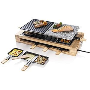 Bestron XL Raclette Grill, elektrische Party-Raclette-Grill set voor maximaal 8 personen, met natuurlijke grillsteen & antiaanbak grillplaat, incl. grote pannen set, 1500 Watt, kleur: zwart/hout