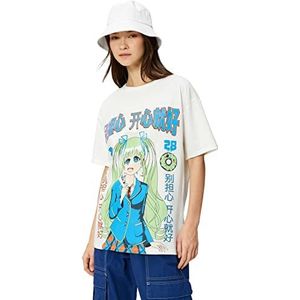 Koton Dames Katoen Crew Neck Short Sleeve Anime T-shirt, ecru (010), S