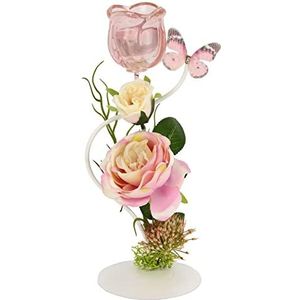 Theelichthouder op metaal met glas en theelichtkaars met bloemen en vlinders, kaarsenstandaard, tafeldecoratie, theelichtglas, windlicht, romantische decoratie, decoratief object, bruiloftsdecoratie