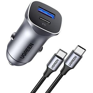 UGREEN 30W Autolader met 1M USB C Kabel Dual Port Card Charger Ondersteunt 20W Compatibel met iPhone 15,15 Plus,15 Pro,15 Pro Max/14-12, Galaxy S24, S23