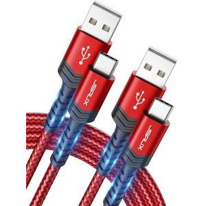 JSAUX USB C kabel 3.1A Snelladen 2 Stuks 2M, USB Type C Charger Cable Ultra Duurzaam Compatibel met Samsung Galaxy S24 S23 S22 S21 S20 S10 S9, PS5 Controller, Kindle, iPhone 15 Pro Plus-Rood