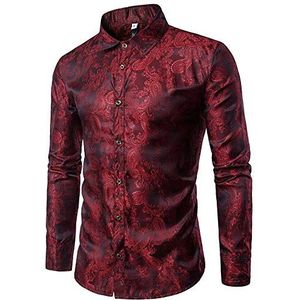 Allthemen Mannen Paisley Shirt Jacquard Zijden Shirts Voor Mannen Jurk Shirts Lange Mouw Knop Down Kraag Casual Smoking Shirts, Wijn Rood, XXL