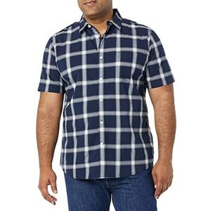 Amazon Essentials Heren Slim-Fit Poplin Shirt met korte mouwen, Marinewit Buffalo Plaid, Medium