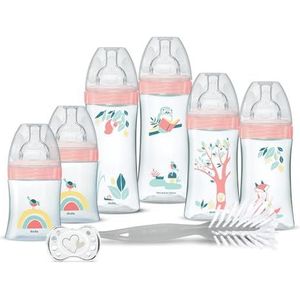 DODIE Geboorteset, 6 flesjes tegen koliek, platte fopspeen (2 x 150 ml; 2 x 270 ml; 2 x 330 ml), 1 anatomische fopspeen 0-2 maanden, 1 flessenborstel – BPA-vrij – roze