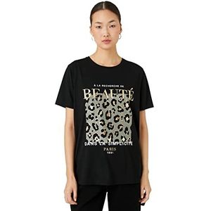 Koton Dames Crew Neck Short Sleeve Leopard T-shirt, zwart (999), M