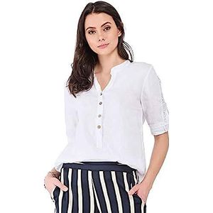 Bonateks, Tunesierkraagblouse met kanten inzetstuk en lange opsteekbare mouwen, 100% linnen, De-maat: 42, Amerikaanse maat: XL, tops, wit - Made in Italy, wit, 42