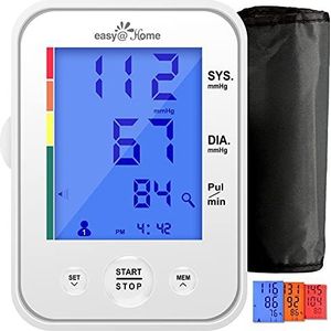 Easy@Home Bloeddrukmeter voor Bovenarm (BP-monitor), Digitale Elektronische Sfygmomanometer met 3-kleuren Hypertensie Verlicht Scherm en Pulsmeter-IHB-indicator, 2 Gebruikersmodus (Grote Manchet)