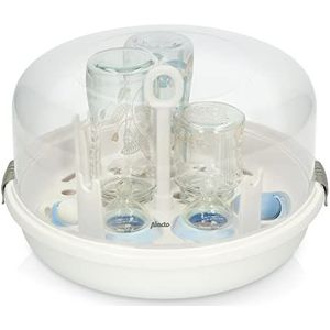 Alecto BW05 Magnetronsterilisator voor babyflessen, voor 4 flesjes à 250 ml en accessoires, BPA-vrij, met tang en maatbeker, wit