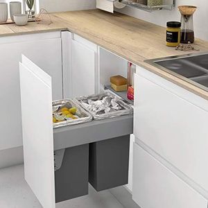 Uitneembare afvalemmer met automatische opening voor keukenkast, 2 containers met 24 l, gerecyclede emmer, breedte 412 - 418 mm